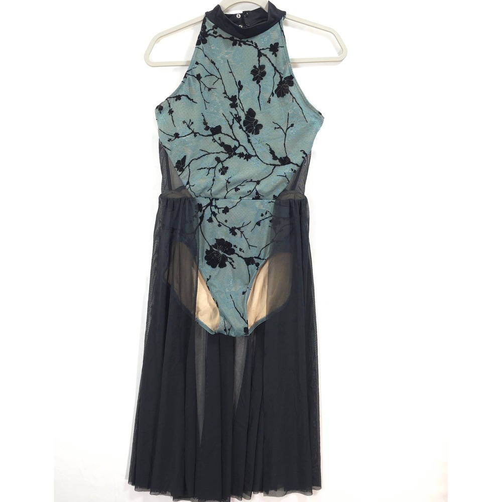 Weissman Dance Costume Dress Overlay Mesh Flocked Floral Teal Black Adult LA